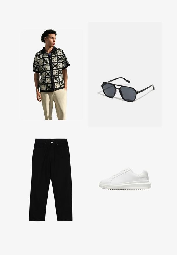 Next REGULAR FIT  - Košile - black ecru white; Černé džíny s rovně střiženými nohavicemi, designem pěti kapes a předním zapínáním na knoflík. Hladký povrch s minimem švových detailů.; Bílé tenisky s hladkým syntetickým svrškem, kulatou špičkou, plochými tkaničkami, texturovanou podrážkou a vrstveným designem platformy pro zvýšení výšky.; Černé sluneční brýle s osmiúhelníkovým rámem, tmavými čočkami, lesklým povrchem, tenkými nožičkami a zlatými akcenty na přední části.