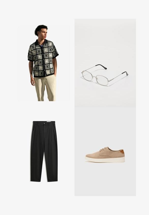 Next REGULAR FIT - Hemd - black ecru white; Schwarze Baumwollhose mit lockerem Schnitt, ausgestattet mit einem klassischen Bund, vorderen Falten und Seiten taschen. Glatte Textur ohne Muster.; Beige Wildleder-Sneaker mit runder Zehenpartie, Schnürung und strukturiertem Rückenteil. Die weiße Gummisohle sorgt für einen Kontrast. Einfaches und modernes Design.; Metallbrille mit ovalem Rahmen, silbernen Fassungen und klaren Gläsern. Schmale, gerade Bügel mit schwarzen Enden, minimalistisches Design.