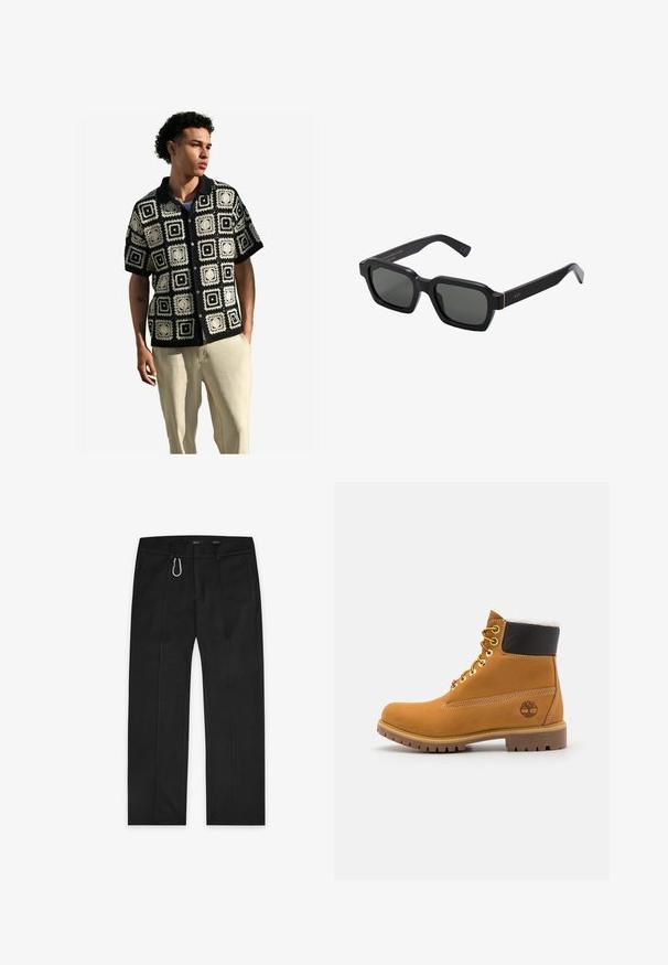 Next REGULAR FIT - Hemd - black ecru white; Schwarze Hose aus gewebtem Stoff mit geradem Bein, zwei seitlichen Taschen, einem Reißverschluss vorne und einem äußeren Schlaufen-Detail.; Braune Leder-Ankle-Boots mit Metallösen, weißem Kunstfellfutter, schwarzem gepolstertem Kragen, robustem Sohlenprofil und geprägtem Logo an der Seite.; Schwarze, quadratische Sonnenbrillen mit grauen Gläsern. Dicke Kunststoffrahmen verfügen über goldene Akzente und Branding an den Schläfen. Glatte Textur.