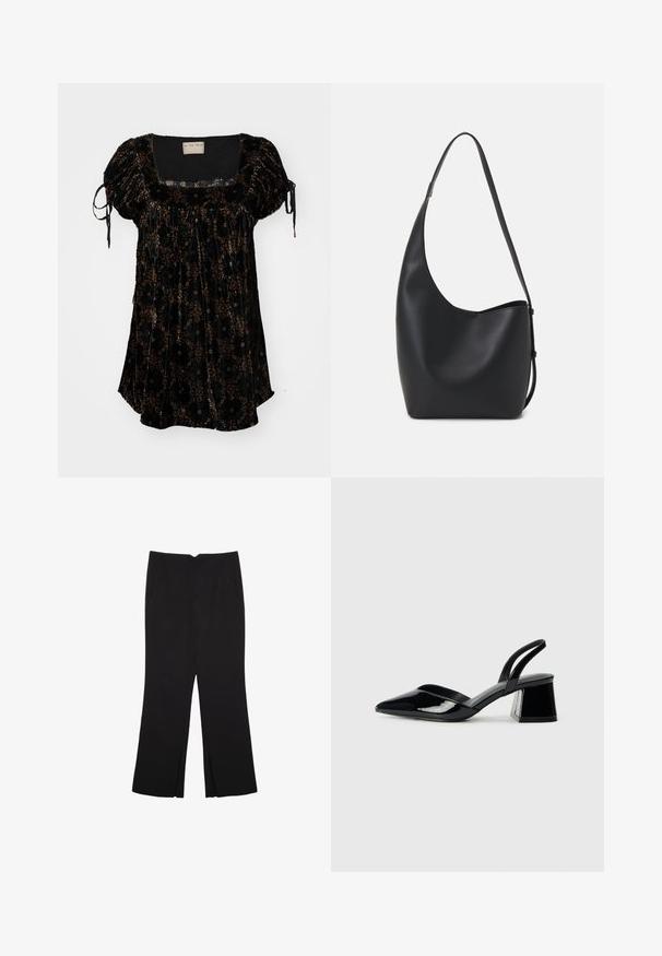 Crna baršunasta majica s kvadratnim izrezom, napuhanim rukavima i cvjetnim uzorcima u smeškastim i zlatnim tonovima. Sadrži podesive vrpce na rukavima.; Crne hlače ravnog kroja, s prednjim džepovima i bočnim prorezima na rubu. Izrađene od mekog i glatkog materijala. Pogodne za razne prigode.; Crne lakirane kožne sandale s otvorenom petom i špicastim vrhom, s geometrijskom blok petom. Imaju elegantan, minimalistički dizajn i glatku teksturu.; Crna kožna hobo torba s glatkom teksturom, zakrivljenim oblikom i jednom podesivom trakicom; ima širok otvor na vrhu.