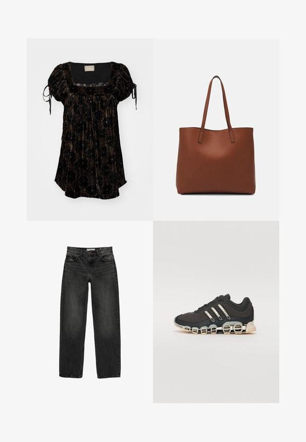 Fekete bársony felső négyzet alakú kivágással, puffos ujjakkal és barna-arany virágmintákkal. Az ujjainál állítható megkötőkkel rendelkezik.; Fekete farmernadrág laza szabással, egyenes szárakkal, öt zsebes dizájnnal és enyhén elhalványult textúrával. Elöl gombos és cipzáras záródás.; Fekete sportcipő texturált felsőrésszel, három ezüst csíkkal, és egy jellegzetes párnázott talppal, amely több integrált szakaszból áll.; Barna bőr vászontáska sima textúrával, nyitott tetejű dizájnnal és két vállpánttal. Minimális varrással és látható hardver nélkül készült.