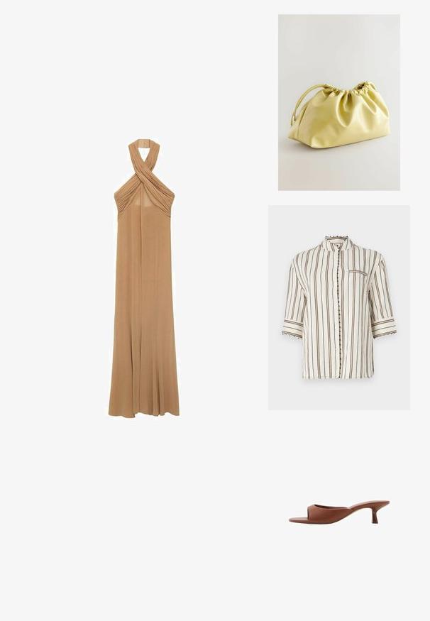 Camicia leggera di colore crema con strisce verticali marroni, colletto alla cinese, maniche corte e dettagli decorativi con bottoni lungo il pattino.; Abito con scollo a halter in morbido tessuto beige, caratterizzato da dettagli plissettati all'escollatura e un design fluido che arriva fino al pavimento.; Mule con tacco aperto di colore marrone, con una finitura liscia e opaca, caratterizzate da un design curvo e un tacco trasparente e affusolato.; Next Pochette - yellow
