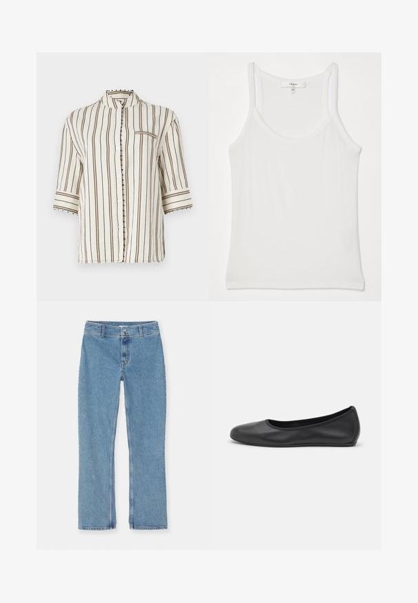 Letvægts skjorte i cremefarve med vertikale brune striber, mandarin-krave, halvlange ærmer og dekorative knapdetaljer langs knapstinget.; Hvid ærmeløs top lavet af blødt, ribbet stof; har tynde stropper og en rund halsudskæring, mærket læser "FRAME."; Lyseblå denim jeans med lige ben, med knap- og lynlåslukning, bæltesløjfer og standard syninger på en hvid baggrund.; Sort læderballetsko med rund tå, glat tekstur, minimal syning og et fleksibelt såldesign.