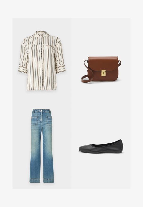 Lehká, krémově zbarvená košile s vertikálními hnědými pruhy, mandarin límcem, polovičními rukávy a dekorativními knoflíkovými akcenty podél manžety.; Bílá tričko s krátkým rukávem vyrobené z žebrované tkaniny. Kulatý výstřih, normální střih a jemné detaily šití. Bez vzorů nebo grafik.; Světle modré džíny s rozšířenými nohavicemi, pěti kapsami, poutky na opasek, zapínáním na knoflík a mírně vybledlou texturou, s červeným logem na zadní straně.; Černé kožené baletní byty s kulatou špičkou, hladkou texturou, minimálními švy a flexibilním designem podrážky.; Hnědá kožená kabelka s klopou, zlatými kovovými detaily, ramenním popruhem a hladkým povrchem. Kompaktní obdélníkový tvar.