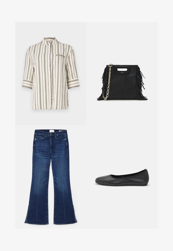 Lightweight, cream-colored shirt with vertical brown stripes, mandarin collar, half sleeves, and decorative button accents along the placket.; Dark blue flared jeans made from denim. Features a high waist, front pockets, and slit details at the hem. Classic five-pocket design.; Black leather ballet flat with a rounded toe, smooth texture, minimal stitching detail, and a flexible sole design.; Black leather handbag with fringe details, gold chain shoulder strap, and a cut-out handle. Features logo placement on the front.