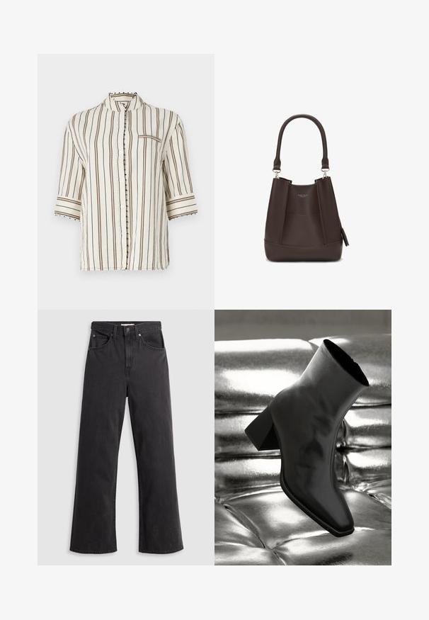 Camicia leggera di colore crema con strisce verticali marroni, colletto alla cinese, maniche corte e dettagli decorativi con bottoni lungo il pattino.; Jeans neri in denim a gamba larga con vita alta, cinque tasche e chiusura con bottone metallico. Il tessuto ha una texture liscia e leggermente sbiadita.; Stivale alla caviglia nero realizzato in materiale lucido con punta quadrata e tacco affusolato, posizionato su uno sfondo argentato lucido con imbottiture a sfera.; Carlheim ADALINE - Borsa a mano - brown