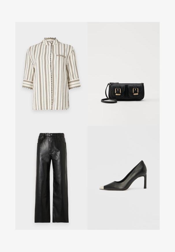 Lightweight, cream-colored shirt with vertical brown stripes, mandarin collar, half sleeves, and decorative button accents along the placket.; Black leather wide-leg pants with a glossy finish, featuring front pockets, a zip fly, and a button closure. Smooth texture throughout.; Black leather high heel shoe with a pointed toe and a metallic silver cap. Features a smooth finish and a slender 10 cm heel.; Black leather crossbody bag with two front pockets, gold buckles, zipper closure, and a slim strap. Textured surface and compact rectangular shape.