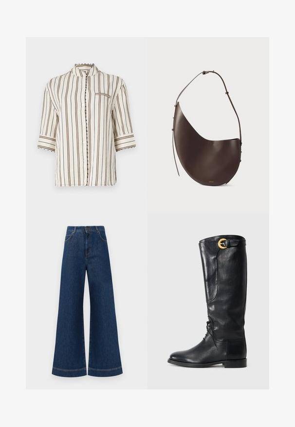 Kerge, kreemikaalune särk, millel on vertikaalsed pruunid triibud, mandariinikaelus, poolte varrukad ja dekoratiivsed nupuvajutused nööpide ääres.; Laia siniste denim pükste suur jalg, kõrge vöökoht, nupuga kinnitamine, vöökohad ja peened õmblusdetailid taskute ja äärte ääres.; Mustast nahast põlvekõrgune saabas, millel on ümar varvas, nööbitav esikülg, külgedel detailid ja kuldne aksessuaar lõpus. Sujuv tekstuur.; Pruun nahast käekott kumerate joontega, ühe rihmaga ja minimalistliku disainiga. Omab diskreetset logo ja kuldseid detaile.