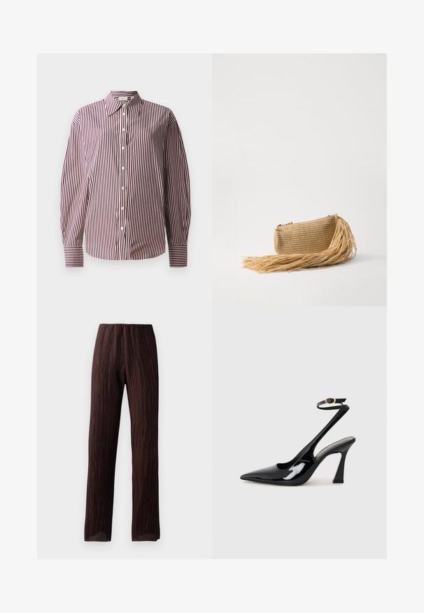 Koszula z długim rękawem, zapinana na guziki, w bordowo-białą pionową kratę, z klasycznym kołnierzykiem i mankietami.; Brązowe spodnie szerokie w nogawkach z plisowaną teksturą, wysokim stanem i luźnym krojem. Wykonane z lekkiego materiału. Brak widocznych zapięć.; Czarne lakierowane szpilki slingback na wysokim obcasie z wydłużonym noskiem, regulowanym paskiem na kostce i umiarkowanym obcasem w kształcie bloku. Gładka struktura z błyszczącym wykończeniem.; Cult Gaia VIERA beżowy