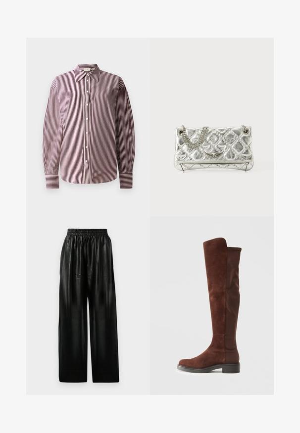 Hosszú ujjú, gombos ing, amely bordó és fehér függőleges csíkos mintával rendelkezik, klasszikus gallérral és felhajtott ujjal.; Fekete bőr széles szárú nadrág, rugalmas derékkal, két oldalsó zsebbel és sima, fényes textúrával.; Magas barna velúr és szövet csizma alacsony fekete sarokkal és kerek orral, oldalnézetben, sima fehér háttér előtt bemutatva.; Ezüst színű fémes kézitáska lánckarral, steppelt textúrával, díszített varrással és cipzáros záródással. A fonákján domború részletek találhatók.