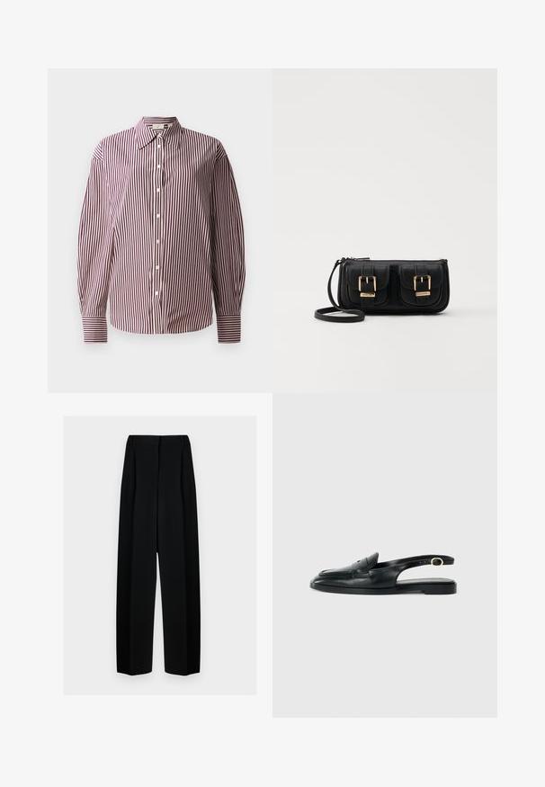 Srajca z dolgimi rokavi, z gumbi, ki ima maroon in belo vertikalno črtasto vzorje, s klasičnim ovratnikom in manšeti.; Črne široke hlače z visokim pasom, ki vključujejo naborke in gladko teksturo. Tkanina se zdi lahka in elegantno pada.; Črne usnjene sandale na peto s zaobljenim nosom, ravnim podplatom, stranskim izrezom in trakom, ki vključuje detajl z zlatim tonom.; Črna usnjena torbica čez ramo z dvema sprednjima žepoma, zlatimi zaponkami, zadrgo in ozkim pasom. Tekstura površine je strukturirana, obliko pa ima kompaktno pravokotno.