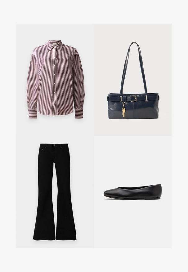 Pamučna košulja dugih rukava s tamnocrvenim i bijelim okomitim prugama, klasičnom kragnom i manžetama.; Crne trapezaste traperice izrađene od denima, s klasičnim dizajnom od pet džepova, kopčanjem na gumb i suptilnim šavovima uz rubove.; Paul Smith TOPANGA - Balerinke - black; Morska kožna torbica s dva duga ramena, detaljem kopče i privjeskom za ključeve. Ima glatku teksturu i pravokutni oblik.