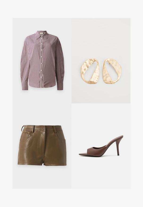Langärmliges Hemd mit Knopfverschluss, das ein bordeaux-rotes und weißes vertikales Streifenmuster aufweist, mit einem klassischen Kragen und Manschettenärmel.; Braune Kunstleder-Shorts mit tailliertem Schnitt, Bund mit Gürtelschlaufen, frontale Taschen und sichtbaren Steppnähten.; Braune Leder-Open-Toe-Hochhackige Mules mit einem eleganten Design, das einen breiten Vorderriemen und einen schlanken Stiletto-Absatz aufweist.; Ein Paar unregelmäßige, oval geformte Ohrringe aus goldfarbenem Metall mit einer strukturierten, leicht gehämmerten Oberfläche auf weißem Hintergrund.