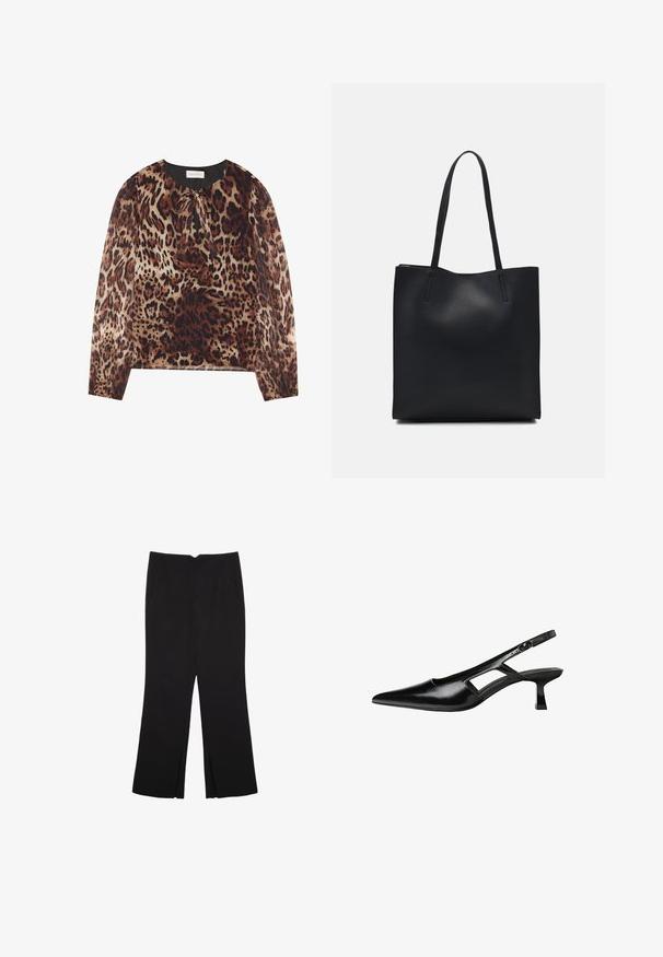 Blúzka s leopardským vzorom, okrúhlym výstrihom a viazaním, s dlhými priesvitnými rukávmi. Tkanina je ľahká a má hladkú textúru.; Čierne nohavice so strihom rovného strihu, s prednými vreckami a bočnými rozparkami na leme. Vyrobené z mäkkej, hladkej tkaniny. Vhodné na rôzne príležitosti.; Čierne lakované kožené lodičky na podpätku s špicatou špičkou, výrezovým dizajnom na boku a malým štvorcovým podpätkom. Hladký povrch s minimálnymi akcentmi.; Čierna kožená taška na rameno s hladkým povrchom, obdĺžnikovým tvarom a dvoma dlhými uchami. Bez viditeľného kovania alebo ozdôb.