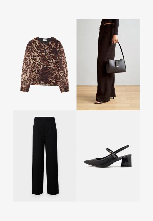 Blusa de estampado de leopardo con cuello redondo y detalle de lazo, con mangas largas y transparentes. El tejido tiene una textura ligera y suave.; Pantalones de pierna ancha negros con una textura suave, que presentan una parte frontal plana, pliegues y una cinturilla ajustada. Sin herrajes ni patrones visibles.; Tacones slingback de charol negro con punta afilada, un diseño de corte redondeado y tacón bloque. Incluye un detalle de hebilla en tono dorado.; Bolso negro con forma estructurada, textura suave y un cierre metálico. Combinado con pantalones anchos negros y sandalias de dedo en un suelo de madera.