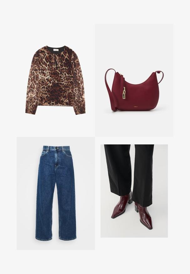 Luipaardprint blouse met een ronde halslijn en strikdetail, voorzien van lange doorzichtige mouwen. De stof heeft een lichte, gladde textuur.; Lichtblauwe denim wijde broek met hoge taille, zichtbare stiksels en standaard zakken. Voorzien van een knoop- en ritssluiting.; Bordeaux patent leren enkellaarzen met een puntige neus, chunky hak en textuurafwerking, gecombineerd met zwarte wijde broek.; Bordeaux leren handtas met een gebogen vorm, gouden hardware en een textuurafwerking. Voorzien van een ritssluiting en een verstelbare schouderriem.