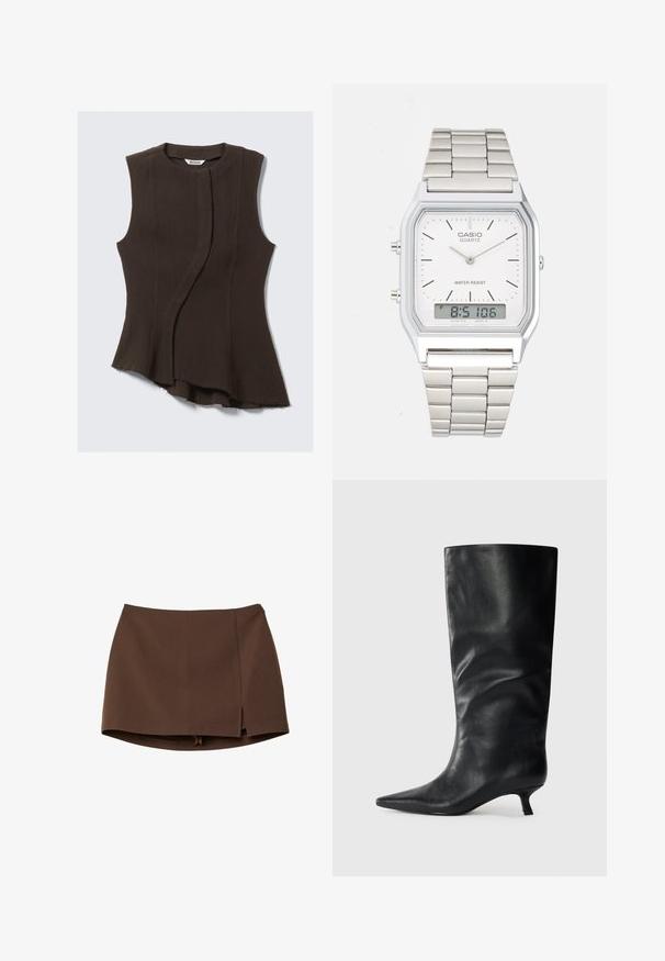 Sleeveless top in dark brown, featuring a curved, asymmetrical hem and subtle texture, made from a lightweight, flowing fabric.; Brown mini skirt made of smooth fabric, featuring a front slit, clean lines, and a structured fit. No pockets or prominent hardware details.; Black knee-high leather boot with pointed toe and low kitten heel, displayed on a plain light background.; Silver stainless steel watch with a square case, white face, analog and digital display, and a metal link bracelet. Waterproof design.