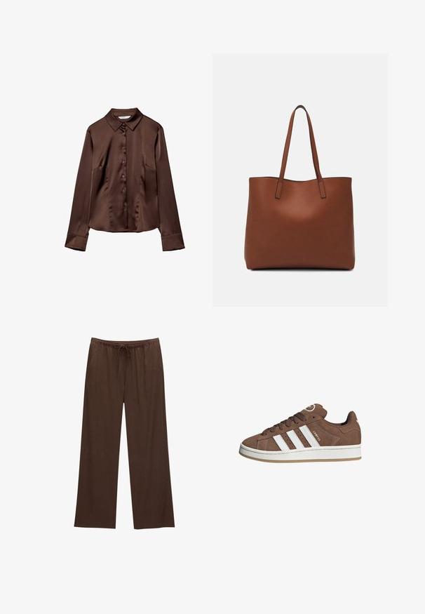 Brun satin knapp-up skjorta med spetsig krage, långa ärmar och en slät textur. Har framfickor och en avslappnad passform.; Bruna vida byxor i mjukt tyg, med resårmidja och dragsko samt två sidofickor.; Bruna mockaskor med vita läderremsor, gummisula, rund tå och snörning framtill. Har en logotyp på tungan och perforerade detaljer.; Brun läder tote-väska med en slät textur, öppen toppdesign och två axelremmar. Har minimal söm och ingen synlig metalldetalj.