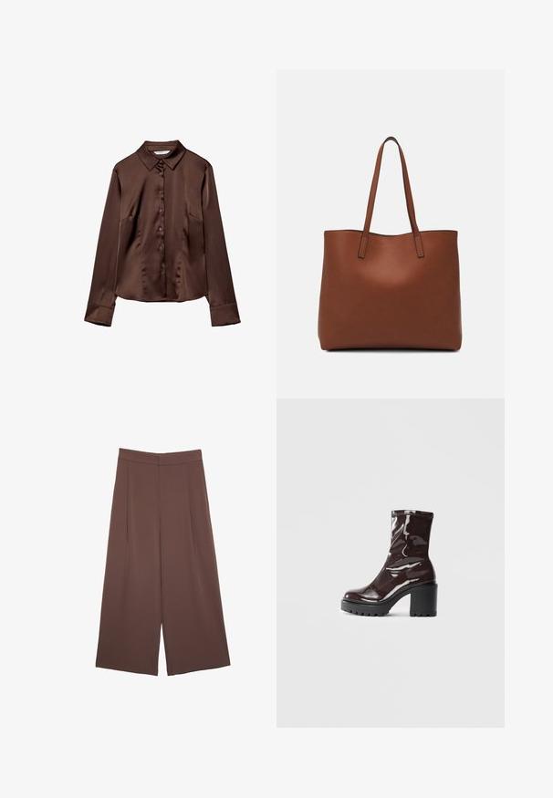 Smešani smeđi satenasti košulja s dugim rukavima i oštrim kragnama, glatke teksture. Ima prednje džepove i ležeran kroj.; Smeđe hlače širokog kroja s glatkom teksturom, koje imaju visok struk i nabore sprijeda. Tkanina je lagana i slobodno se kreće.; Sjajna burgundska čizma do gležnja s debelim crnim potplatom, koja se odlikuje glatkom teksturom i jednostavnim dizajnom. Nema vidljivih kopčanja ili uzoraka.; Smeđa kožna torba preko ramena s glatkom teksturom, otvorenim vrhom i dvjema naramenicama. Ima minimalne šavove i nema vidljivog hardvera.