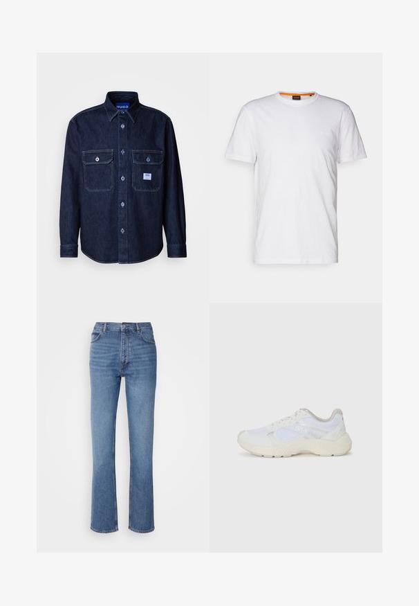Dark denim button-up shirt with long sleeves, two chest pockets, and blue branded tag. Features contrast stitching and classic collar design.; White cotton T-shirt with a crew neck, short sleeves, and a subtle embossed logo on the chest. Interior tag has an orange accent.; Blue denim jeans with a high waist, straight-leg design, and subtle fading. Features classic five-pocket styling and a zip fly closure.; White athletic shoes made of mesh and suede, featuring a textured midsole, textured accents, and "HUGO" logo on the side.
