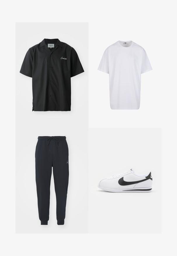 Camisa negra de botones de manga corta con cuello de campamento, que presenta un logotipo bordado en blanco en el pecho y un corte relajado.; Camiseta blanca de algodón con mangas cortas, cuello redondo, corte relajado y sin logotipos ni patrones visibles. Textura suave y diseño minimalista.; Pantalones de chándal negros hechos de tela suave, con una cinturilla elástica con cordón, puños acanalados y un pequeño logo en el muslo izquierdo.; Zapatillas de cuero blanco con el swoosh negro de Nike, cordones planos y suela de goma texturizada. Punta redondeada y cuello acolchado para mayor comodidad.