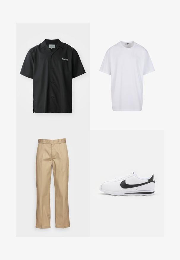 Camisa negra de botones de manga corta con cuello de campamento, que presenta un logotipo bordado en blanco en el pecho y un corte relajado.; Camiseta blanca de algodón con mangas cortas, cuello redondo, corte relajado y sin logotipos ni patrones visibles. Textura suave y diseño minimalista.; Pantalones caquis con un diseño de pierna recta, fabricados con una tela resistente, que cuenta con una textura suave y un frente de doble pliegue para un detalle adicional.; Zapatillas de cuero blanco con el swoosh negro de Nike, cordones planos y suela de goma texturizada. Punta redondeada y cuello acolchado para mayor comodidad.