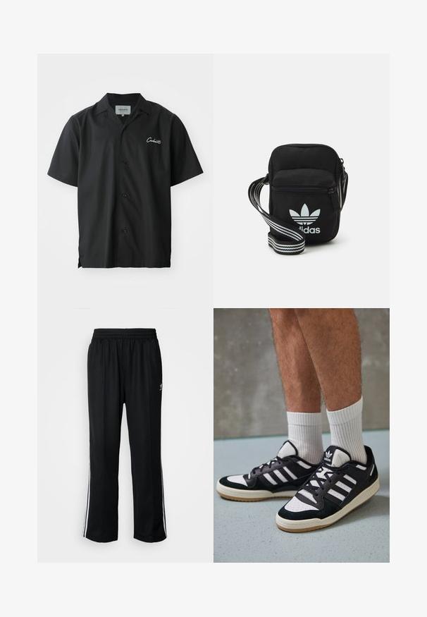 Zwarte kortek mouwen overhemd met knopen en een camp-kraag, met een wit geborduurd logo op de borst en een relaxed fit.; Zwarte sportbroeken met een elastische tailleband, voorzien van witte zijkanten en een klein logo. Het materiaal lijkt zacht en lichtgewicht te zijn.; Zwart-witte sneakers met een bovenwerk van suede en leer, voorzien van drie witte strepen, een geperforeerde neus en een rubberen gumzool.; Zwarte stoffen schoudertas met een ritssluiting, voorzien van een wit Adidas-logo en een gestreepte, verstelbare schouderband voor gemakkelijk dragen.