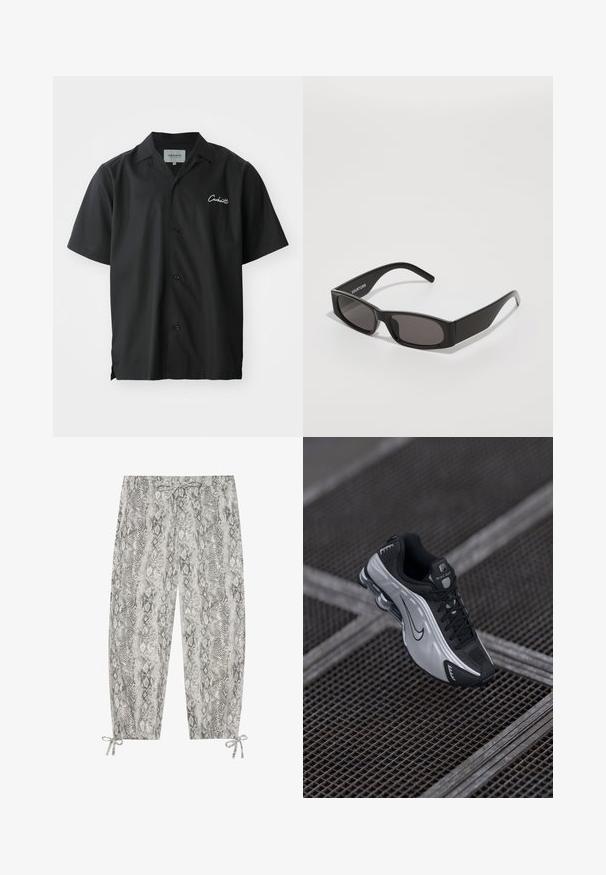 Schwarzes kurzärmliges Hemd mit Knopfleiste und Campkragen, ausgestattet mit einem weißen gestickten Logo auf der Brust und einer lässigen Passform.; Grau und schwarz gemusterte Schlange Hosen mit einem Kordelzugbund und verstellbaren Bindebändern am Saum. Hergestellt aus einem weichen, leichten Stoff.; Nike Sportsschuh mit einem schwarzen und silbernen Design. Hergestellt aus synthetischem Material mit Mesh-Akzenten und einer stützenden Sohle mit sichtbarer Air-Dämpfung.; Schwarze rechteckige Sonnenbrille mit dunklen Gläsern, einem glatten Kunststoffrahmen und einem dezenten Logo am linken Bügel. Minimalistisches Design.