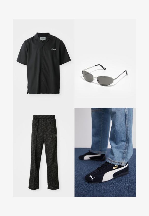 Schwarzes kurzärmliges Hemd mit Knopfleiste und Campkragen, ausgestattet mit einem weißen gestickten Logo auf der Brust und einer lässigen Passform.; Schwarze Sporthose mit elastischem Bund. Sie verfügt über ein sich wiederholendes Logomuster in Dunkelgrau und ein weißes Logoakzent in der Nähe der Hüfte.; Schwarze Wildledersneaker mit weißen Akzenten und einem goldenen Logo. Getragen mit hellblauen Jeans und auf einer strukturierten blauen Oberfläche platziert.; Sonnenbrille mit einem schlanken, silbernen Metallrahmen, grauen getönten Gläsern und einem aerodynamischen Design mit spitzen Kanten und dünnen Bügeln.