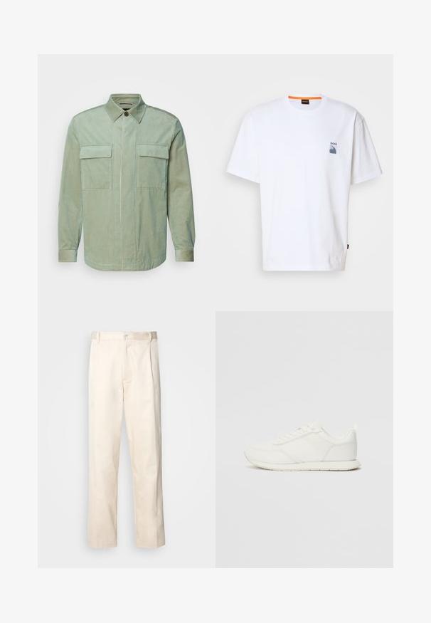 Ljusgrön kordflodsskjorta med vertikala ränder, med spetsig krage, två bröstfickor och knäppning. Långa ärmar med manschettdetaljer.; Vit bomulls t-shirt med en liten blå logotyp och grafisk design på vänster bröst; avslappnad passform med en klassisk rund hals.; Beiga bomullbyxor med rak benform, utrustade med knappstängning och veck framtill för extra detalj.; Vita sneakers med ett överdel i mesh och syntetmaterial, rund tå, platta snörning, och ett texturerat sidostreck. Gummisula med en dragflik bak.