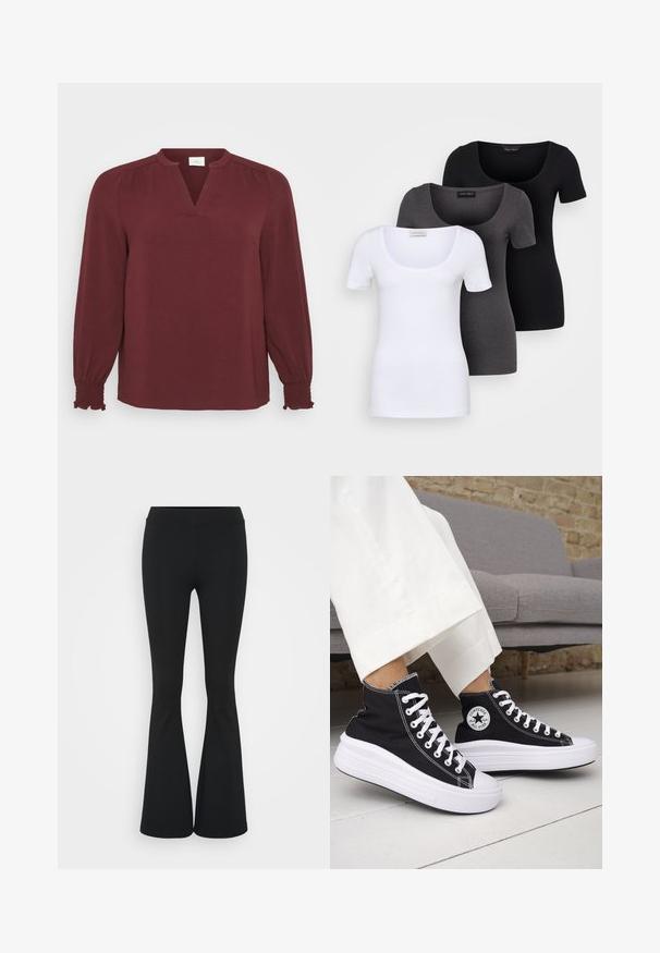 Burgunderfarget bluse med lange ermer, V-hals, plissédetaljer ved skuldrene og strikkede mansjetter. Laget av teksturert, lett stoff.; Tre figurerte T-skjorter i hvit, grå og svart. Hver har en bred scoop-nakke og korte ermer. Laget av glatt, elastisk stoff.; Svarte flared bukser laget av elastisk stoff, med høy midje og en glatt tekstur. Buksene vidder ut fra kneet.; Svarte høye sneakers med hvite gummisåler og lisser. Har et rundt logo-merke og kontrasterende hvite sømmer. Laget av lerret.