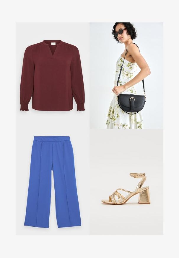 Burgundijas blūze ar garām piedurknēm, V veida kakla izgriezumu, plecu locījumiem un smockotām aprocēm. Izgatavota no tekstiletas, vieglas auduma.; Platas kājas bikses, kas izgatavotas no mīksta, elastīga auduma spilgti zilā krāsā. Tām ir plakans jostasvieta un divi priekšējie pleci papildus dizaina detaļām.; Zelta metāla papēžu sandales ar siksnu dizainu, kvadrātveida bloku papēdi un regulējamu potītes siksnu ar sprādzi. Gluda tekstūra.; Melnas ādas rokassoma ar izliekta formu, noņemamu siksnu un zelta aksesuāriem. Somai ir vāciņš ar sprādzes detaļu.