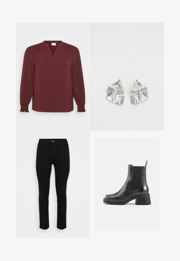 Burgunderfarget bluse med lange ermer, V-hals, plissédetaljer ved skuldrene og strikkede mansjetter. Laget av teksturert, lett stoff.; Sorte denim jeans med slim fit, fem-lomme design, front knappelukking og lett stretch for komfort. Flat, jevn tekstur med minimal detaljer.; Sorte ankelstøvler i svart lær med glatt overflate, elastiske sidepaneler og en kraftig hæl. Har en løftestrop for enklere påkledning.; Sølvmetall øredobber med et bølgete, skulpturelt design, preget av en polert finish og uregelmessige former, som fremhever en moderne estetikk.