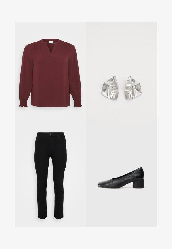 Burgundijas blūze ar garām piedurknēm, V veida kakla izgriezumu, plecu locījumiem un smockotām aprocēm. Izgatavota no tekstiletas, vieglas auduma.; Melnas džinsus ar šauru piegriezumu, piecu kabatu dizainu, priekšējo pogu aizdari un vieglu stiepšanos komfortam. Gluda, izlīdzināta tekstūra ar minimālu dekoru.; Melna ādas kurpe ar noapaļotu purngalu un vidēja izmēra blokkāju. Gluda tekstūra ar minimāliem dekoriem, ar delikātu elastīgu atveri.; Sudraba metāla auskari ar viļņainu, skulpturālu dizainu, kas izceļas ar pulētu apdari un neregulārām formām, uzsverot mūsdienīgu estētiku.