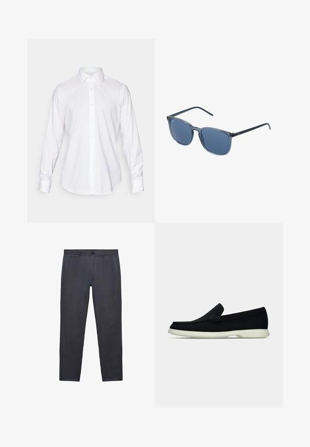 Camicia bianca a maniche lunghe con colletto classico, tessuto morbido e patta frontale con bottoni tondi chiari.; Pantaloni grigi scuri realizzati in tessuto strutturato, con tasche frontali angolate, chiusura con bottone e design a gamba slim.; Scarpa nera slip-on con punta arrotondata, caratterizzata da una tomaia texture, una suola bianca liscia e un discreto logo sul lato.; Occhiali da sole rettangolari blu con lenti grigi, montatura in plastica, dettagli metallici e finitura opaca sulle aste.