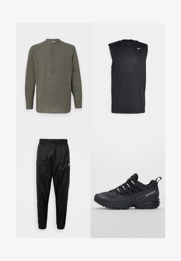 Zelená ľanová košeľa s dlhým rukávom, s stojatým golierom, päťgombíkovou légou a rovnými lemami. Ľahká textúra a pohodlný dizajn.; Čierna bezrukávová atletická košieľka vyrobená z hladkej tkaniny, s okrúhlym výstrihom a malým bielym logom Nike swoosh na ľavej hornej strane.; Čierne tréningové nohavice vyrobené z ľahkého, lesklého materiálu s elastickým pásom, zúženým strihom a zipsovými vreckami. Obsahujú logo ako akcent.; Čierne športové topánky s vrchnou časťou z sieťoviny, gumovou podrážkou a reflexnými detailami. Majú polstrovanú podrážku a dizajn so šnurovaním.