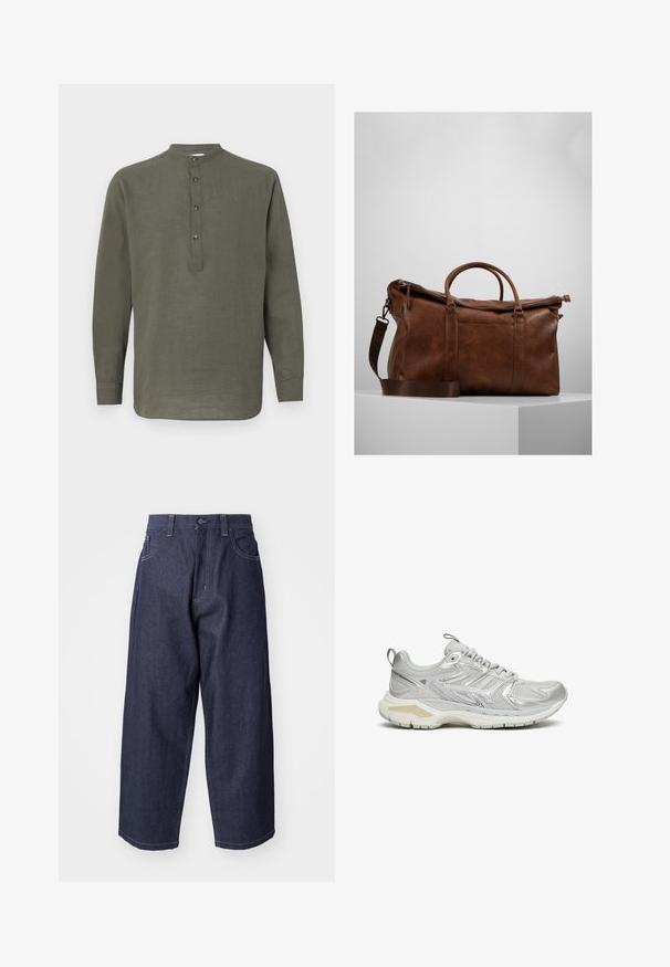 Grøn linned skjorte med lange ærmer, stående krave, fem-knaps lukning og lige kant. Letvægts struktur og afslappet design.; Mørkeblå denim jeans med en løs, bred ben-design. Funktioner inkluderer en knaplukning, frontlommer og synlige stikninger.; Grå atletiksko med overdel af mesh, syntetiske overlejringer og en tyk hvid sål. Har en polstret krave og strukturerede detaljer.; Brun læder gymtaske med lynlåslukning, dobbelte håndtag, justerbar skulderrem og synlige teksturmønstre på overfladen.; Sølv chronograph ur med poleret rustfrit stålrem, en tekstureret hvid urskive, tre sub-urskiver og rød accent på minutviseren.; Sølv kæde med en stor, udsmykket korsvedhæng med skarpe accenter og en poleret overflade. Kæden er tykkere og flad.