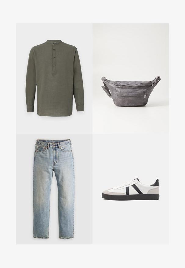 Roheline linane pikkade varrukatega särk, millel on püsti krae, viie nupuga kinnitus ja sirge hem. Kerge tekstuur ja juhuslik disain.; Heledad hele sinine teksapükste kõrge vöökoht, ees nupuga, lukuga ja viie taskuga disain, asetatud tasasele neutraalsele taustale.; Valged tossud mustade ja hallide aktsentidega, tekstureeritud halli varbakattega, musta kummitald ja lamedad valged paelad. Puhtad jooned, minimalistlik stiil.; Hallikate nahast vöö kott, millel on ümar kuju, kaks tõmblukuga taskut ning reguleeritav rihm. Varustatud metallist detailide aktsentidega.