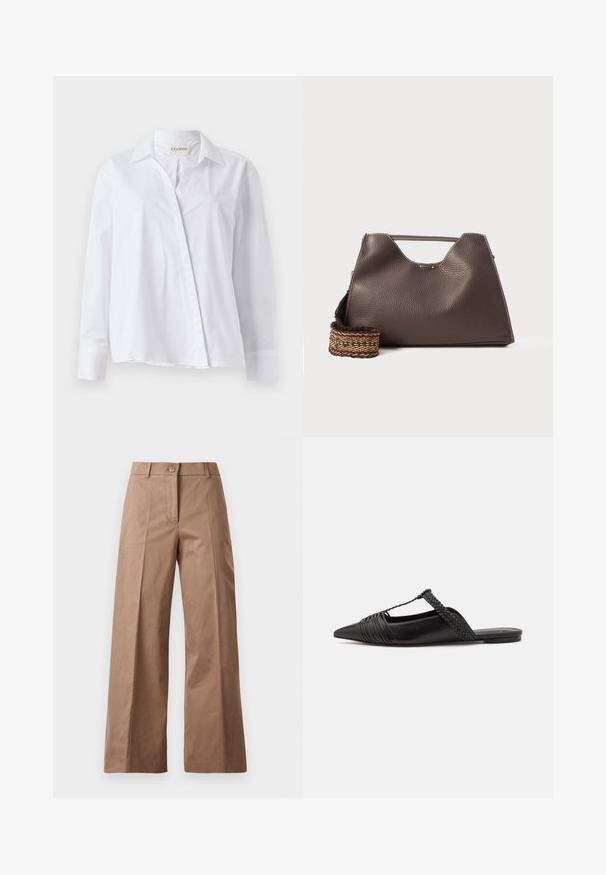 Camicia bianca a maniche lunghe in cotone con colletto a punta e chiusura frontale con bottoni. Presenta una vestibilità rilassata e polsini ripiegati.; Pantaloni larghi marroni realizzati in un tessuto morbido, con chiusura frontale con bottone, due tasche anteriori e linee pulite e sartoriali.; Scarpa slingback in pelle nera con punta appuntita, con un dettaglio intrecciato e un design superiore plissettato. Suola piatta con hardware minimale.; Borsa a mano in pelle marrone con finitura texturizzata, design angolare e un manico superiore distintivo. Presenta un dettaglio a tracolla intrecciato con motivo.