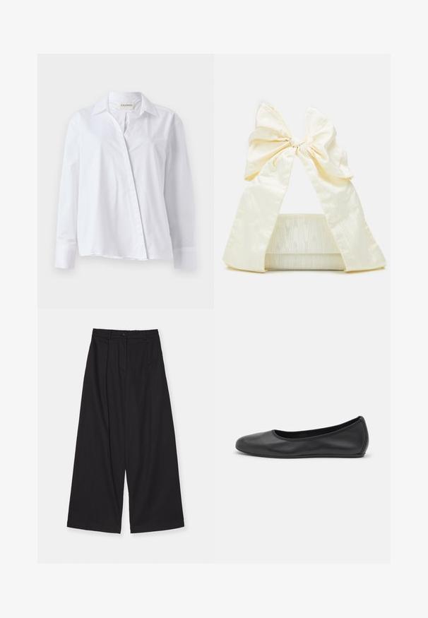 Camicia bianca a maniche lunghe in cotone con colletto a punta e chiusura frontale con bottoni. Presenta una vestibilità rilassata e polsini ripiegati.; Pantaloni neri a gamba larga realizzati in un tessuto liscio, con vita alta, pieghe frontali, chiusura con bottone e silhouette dritta.; Pantofole da balletto nere in pelle con punta arrotondata, texture liscia, dettagli di cucitura minimi e design con suola flessibile.; Loeffler Randall RAMONA BOW SHOULDER BAG - Borsa a mano - cream
