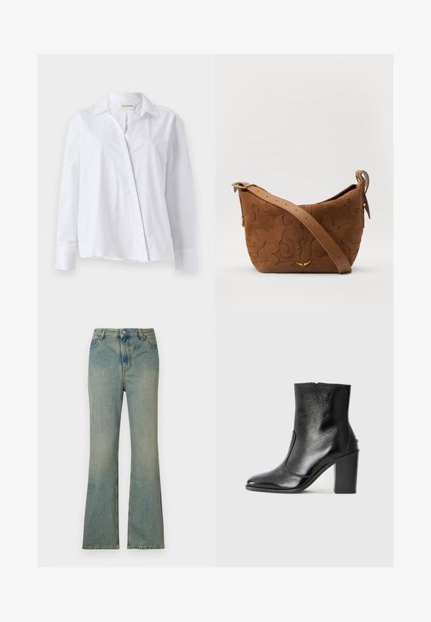 Weißes Longsleeve-Hemd aus Baumwolle mit spitzem Kragen und Knopfverschluss vorne. Hat einen entspannten Schnitt und umgeschlagene Manschetten.; Hellblaue Denim-Flared-Jeans mit hoher Taille, fünf Taschen und Reißverschluss. Sauberer, ausgewaschener Look mit dezenten Nähten.; Schwarze Leder-Stiefelette mit glatter Textur, spitzem Fuß und klobigem hohen Absatz. Verfügt über eine seitliche Öffnung und ein minimalistisches Design.; Braune Wildleder-Schultertasche mit geprägtem floralen Design, ergänzt durch einen glatten braunen Ledertrageriemen und goldfarbenen Hardware-Akzenten.
