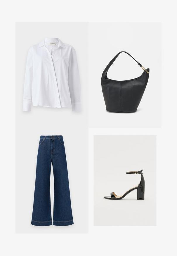 White long-sleeve shirt made of cotton with a pointed collar and a button-front closure. Features a relaxed fit and folded cuffs.; Wide-leg blue denim jeans with a high waist, featuring a button closure, belt loops, and subtle stitching details along the pockets and hems.; Black patent leather sandal with a wide heel, open toe, and ankle strap featuring a gold buckle. Smooth texture and sleek design.; Black leather handbag with a rounded shape, a wide strap, and a textured finish. Features a subtle seam detail and a gold-tone hardware accent.
