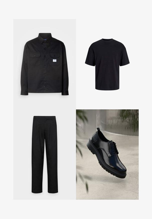 Sort langærmet skjorte lavet af bomuld. Har en knaplukning, to brystlommer og et lille logo mærke på den venstre lomme.; Sort bomulds t-shirt med rund hals, korte ærmer og en afslappet pasform. Glat tekstur uden synlige mønstre eller accenter.; Sorte bukser lavet af glat stof, med et lige ben-design, to frontfolder og en standard talje med bæltestropper.; Sorte lædersko med en blank overflade, rund tå, snøredesign, kontrastsyninger og en tyk gummisål med mønster.