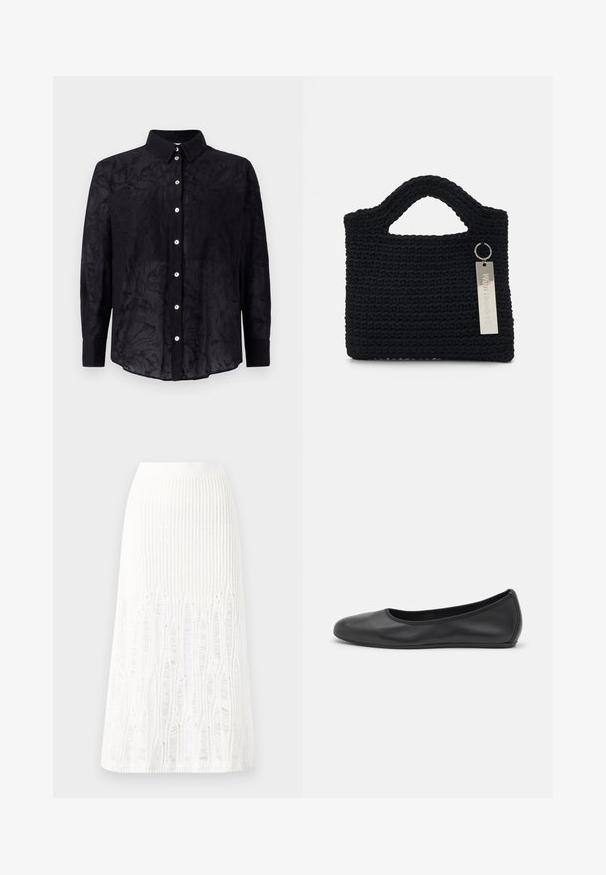 Juodas mygtukų marškiniai, pagaminti iš lengvos medžiagos su subtiliu gėlių raštu, turintys apykaklę ir priekinį mygtukų uždarymą.; Balta megzta midi sijoninė su tekstūruotu raštu, vertikaliomis linijomis ir išpjovomis arti apatinės dalies. Elastinga juostos dalis. Minkšta medžiaga.; Juodai odiniai baletai su apvaliu pirštu, lygi texture, minimalus siuvimo detales ir lanksčiu padų dizainu.; Won Hundred MARSIELLE COMPUTER BAG UNISEX - Nešiojamojo kompiuterio krepšys - black