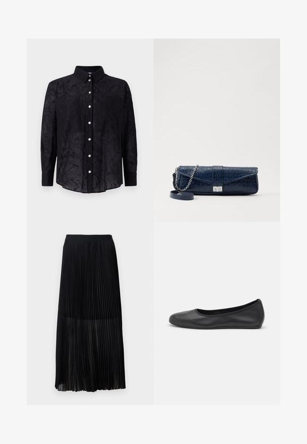 Czarna koszula z guzikami, wykonana z lekkiego materiału o subtelnej teksturze kwiatowej, z kołnierzykiem i zapięciem na guziki z przodu.; Czarna plisowana spódnica midi z gładką, elastyczną taliówką i przezroczystą nakładką, z delikatnymi pionowymi plisami na całej powierzchni tkaniny.; Czarne skórzane baletki z zaokrąglonym noskiem, gładką fakturą, minimalnymi przeszyciami i elastycznym designem podeszwy.; Granatowa skórzana kopertówka o strukturze krokodyla, z srebrnym łańcuszkiem i metalowym zapięciem. Prostokątny kształt z zapięciem na klapkę.