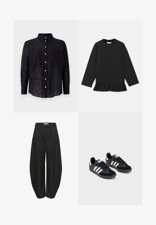 Camisa de botones negra, hecha de una tela liviana con una sutil textura floral, que presenta un cuello y cierre de botones en la parte delantera.; Top negro de manga larga con cuello redondo, dobladillo con volantes y un sutil detalle de texto en la parte delantera. Fabricado con un material suave y cómodo.; Pantalones de pierna ancha de talle alto en negro con pliegues, presillas para cinturón y cierre frontal oculto, diseñados por Gestuz.; Zapatillas negras con un upper de ante y sintético, con tres rayas blancas, suela de goma texturizada y etiqueta de logo azul en la lengüeta.