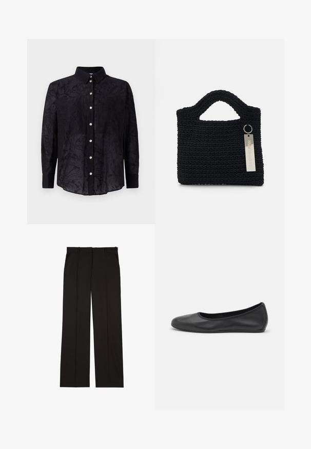 Black button-up shirt made of lightweight fabric with a subtle floral texture, featuring a collar and front button closure.; Black tailored trousers made of a smooth fabric, featuring a straight-leg design, and two side pockets. Elegant and minimalistic construction.; Black leather ballet flat with a rounded toe, smooth texture, minimal stitching detail, and a flexible sole design.; Won Hundred MARSIELLE COMPUTER BAG UNISEX - Laptop bag - black