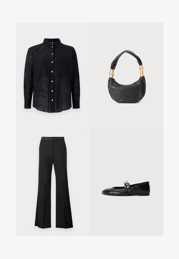 Black button-up shirt made of lightweight fabric with a subtle floral texture, featuring a collar and front button closure.; Black flared trousers with a smooth fabric finish, featuring a solid waistband and pressed creases for a tailored appearance.; Black leather ballet flats with a pointed toe, featuring a strap with a circular metallic buckle and a flat sole.; Black leather handbag with a round shape, soft texture, and a knotted handle featuring gold-tone hardware accents. Zipper closure.