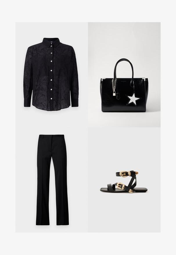 Black button-up shirt made of lightweight fabric with a subtle floral texture, featuring a collar and front button closure.; Black straight-leg trousers in smooth fabric, featuring a flat front, belt loops, and no visible pockets or embellishments.; Black leather sandals with gold buckle accents, featuring multiple straps and a flat sole design for open-toe wear.; Black patent leather handbag with a sleek shape. Features silver chain hardware, a lock, and a white star accent on the side.