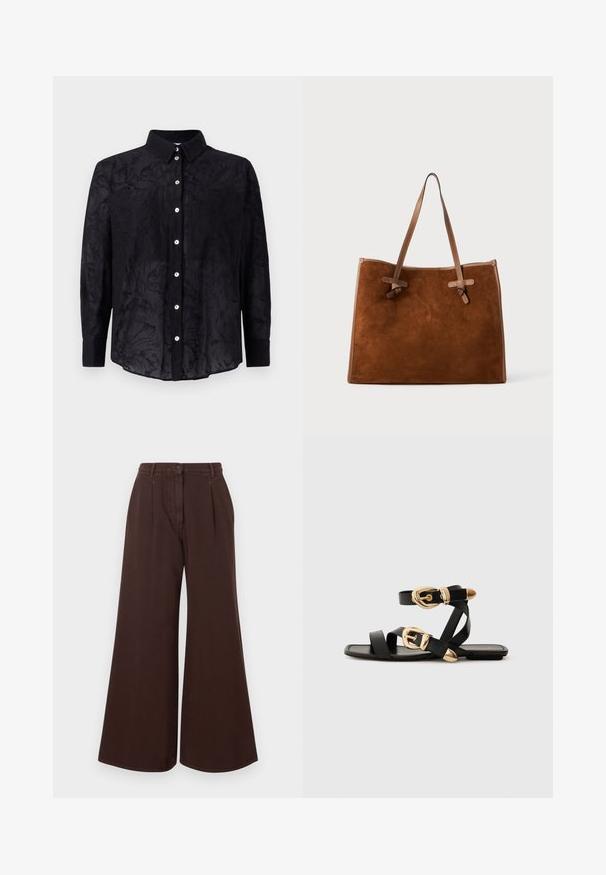 Črna srajca s kratkimi rokavi, izdelana iz lahkega materiala z rahlo cvetličnim vzorcem, z ovratnikom in sprednjim gumbom za zapiranje.; Svetle rjave hlače širokega kroja z visokim pasom, z zaponko in zadrgo, z zankami za pas in sprednjimi gubami.; Črne usnjene sandale z zlatimi zaponkami, ki imajo več trakov in ravno podplati za nošenje brez prstov.; Rjava semiš torba s dvema usnjenima ročajema, ravne oblike, z vgrajenimi šivi in detajlom vozla na straneh. Brez vidnih zapiranj.